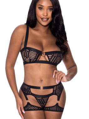 Black Eclectic Designed Mesh Cut-Out Bralette & Holster Style Panty Set