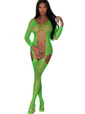 Lime Fishnet Criss-Cross Chemise W/ Attached Thigh Highs