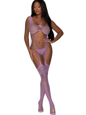 Lavender Fishnet & Floral Knit Suspender Bodystocking & G-String