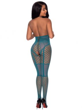 Teal Fishnet & Seamless Knit Cupless/Crotchless Bodystocking