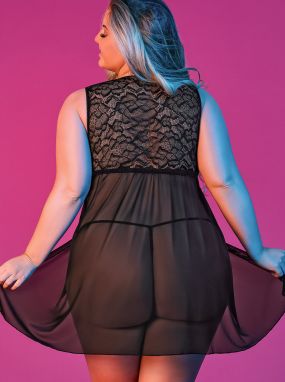 Plus Size Black Floral Lace & Mesh Fly-Away Babydoll & G-String