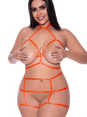 Plus Size Orange Strappy Harness Cupless Top & High-Waisted Crotchless Panty Set