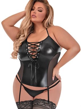 Plus Size Black Wet-Look & Mesh Lace-Up Bustier & G-String