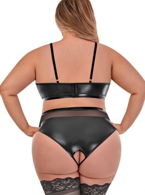 Plus Size Black Wet-Look & Mesh Bralette & High-Waisted Crotchless Panty Set