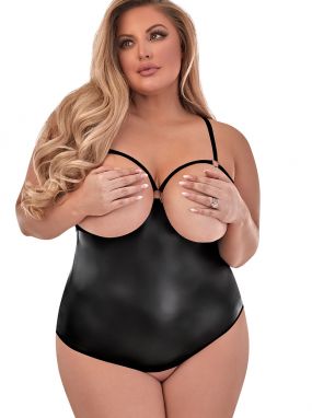 Plus Size Black Matte Wet-Look Cupless/Crotchless Teddy W/ Open Butt