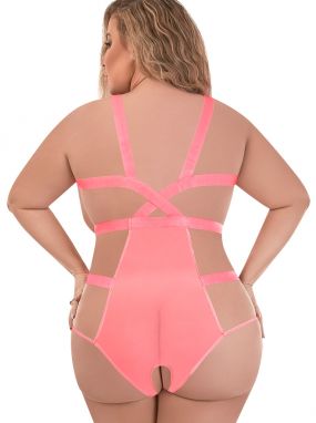 Plus Size Coral Forever Mesh Strappy Cupless Teddy W/ Open Crotch