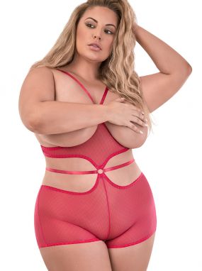 Plus Size Pink Watermelon Sheer Mesh & Diamond Lace Cupless/Crotchless Teddy W/ Open Butt