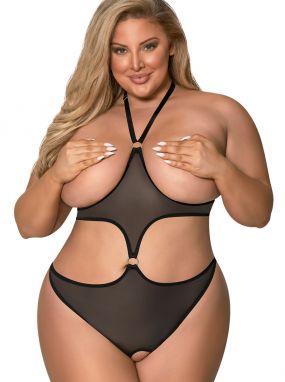 Plus Size Black Mesh Cupless/Crotchless Teddy W/ Open Butt