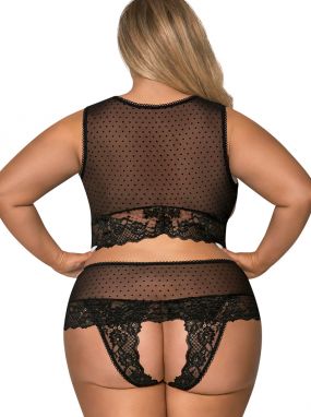 Plus Size Black Floral Lace & Flocked Dot Mesh Passion Pointe Cupless Bra Top & Crotchless Panty W/ Open Butt Set