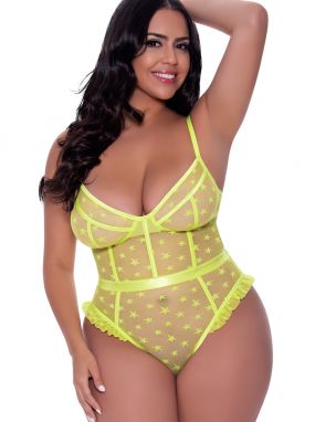 Plus Size Neon Chartreuse Flocked Star Mesh Underwired Teddy