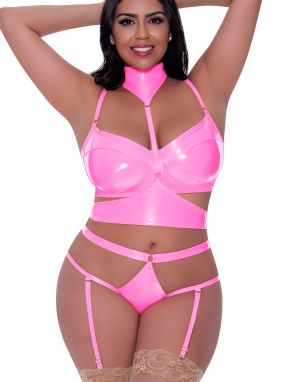 Plus Size Pink Wet-Look Bra, Harness & Gartered Panty