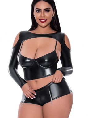 Plus Size Black Wet-Look Underwired Bustier, Long Sleeved Shrug, & Booty Short Set