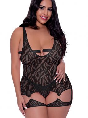 Plus Size Black Eclectic Designed Mesh Cut-Out Romper & Crotchless Thong