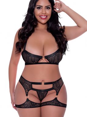 Plus Size Black Eclectic Designed Mesh Cut-Out Bralette & Holster Style Panty Set
