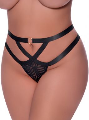 Plus Size Black Eclectic Designed Mesh Strappy Thong