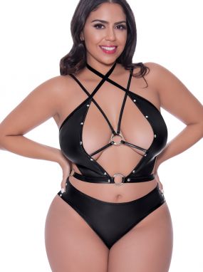 Plus Size Black Wet-Look Strappy Top & Booty Shorts Sets W/ Studs