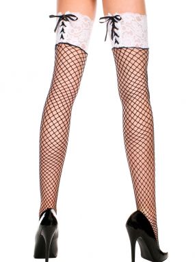 Black Diamond Net Stay Up Thigh Highs with White Lace Top