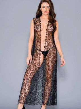 Black Floral Lace Sleeveless Robe & G-String