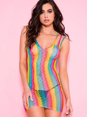 Rainbow Print Seamless Knit Dress W/ Shredded Straps