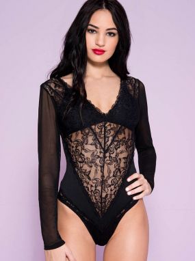 Black Lace & Opaque Teddy W/ Sheer Long Sleeves