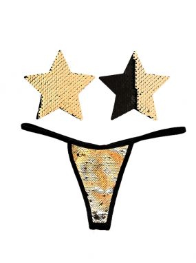 Athena Gold/Black Reversible Sequin Star Pasties & G-String Set