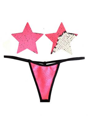 Bitchin Barbs Pink/Silver Reversible Sequin Star Pasties & G-String Set