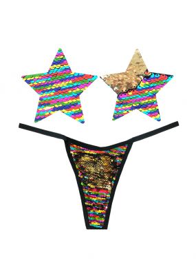 Funfetti Rainbow/Gold Reversible Sequin Star Pasties & G-String Set