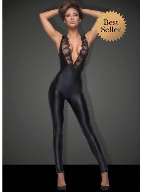 Plus Size Black Wet-Look & Lace Sleeveless Catsuit W/ Zipper Crotch