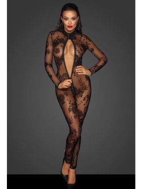 Plus Size Black Sheer Embroidered Tulle Catsuit W/ 3-Way Zipper