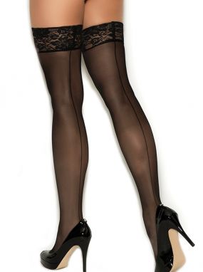 Black Sheer Backseam Thigh Highs W/ Stay-Up Silicone Lace Top