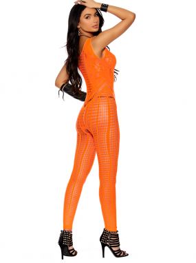 Neon Orange Crochet Footless Bodystocking W/ Open Crotch
