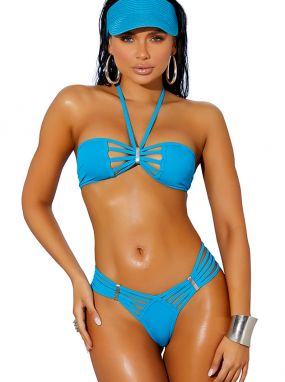 Turquoise Halter Bandeau Top & Strappy Thong Bikini Set