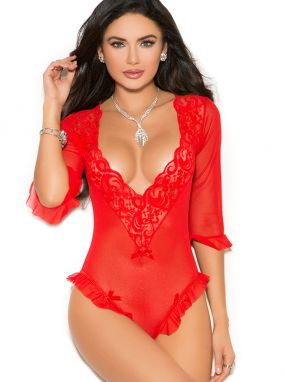 Red Ruffled Mesh & Scalloped Lace Teddy & Anklets Set