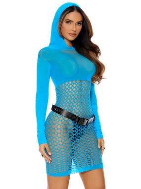 Neon Blue Crochet Long Sleeved Dress W/ Attached Hoodie