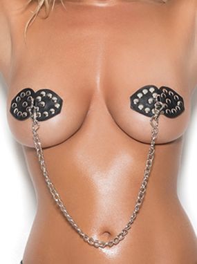 Black Leather Studded Pasties W/ Attached Silver Chain Link