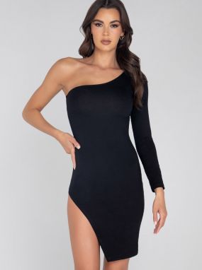 Black Single Shoulder Mini Dress W/ Side Slit