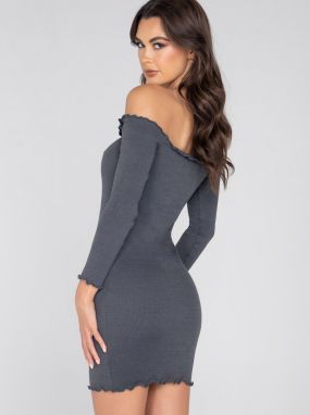 Grey Ribbed Off-the-Shoulder Mini Dress