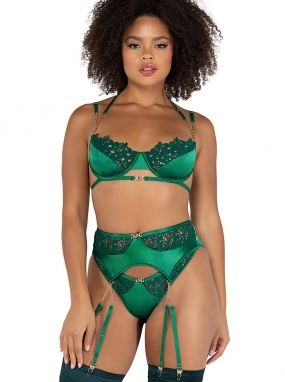Emerald Lace & Satin Underwired Bra, Garterbelt & Thong Set W/ Chain Links