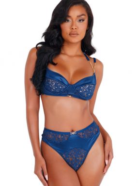Navy Blue Lace & Satin Underwired Bra & Thong Set W/ Chain Links