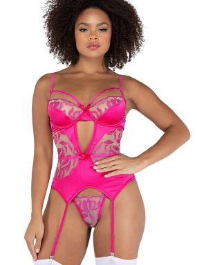 Pink Satin & Nude Embroidered Underwired Bustier & G-String