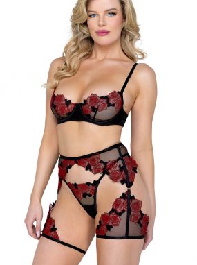 Black Sheer Tulle & Red Rose Embroidery Underwired Bra, Short Chaps & Panty Set