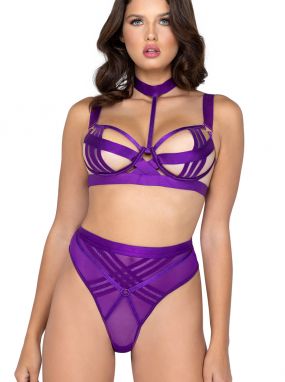 Purple Striped Elastic Choker Style Underwired Bra & Thong Set