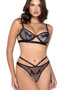 Black Leopard Embroidered Tulle Underwired Bra & Thong Set