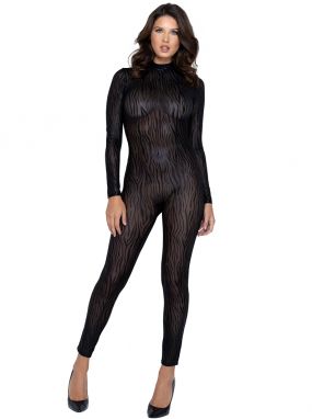 Black Tiger Striped Mesh Long Sleeved Catsuit
