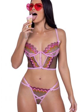 Strawberry Ice Cream Embroidered Tulle Underwired Bustier & Panty Set