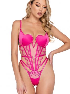 Pink Heart Embroidered Tulle & Satin Teddy W/ Heart Cups