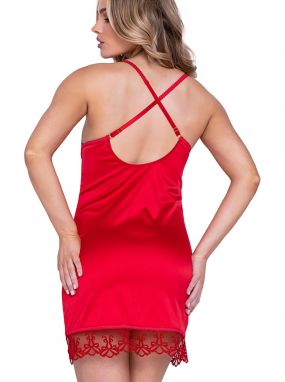 Red Silky Satin & Metallic Bow Embroidered Tulle Chemise