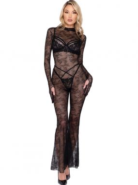 Black Lace Bell Bottom Catsuit W/ Built-In Gloves