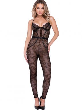 Black Scalloped Lace Underwired Catsuit W/ Satin Piping