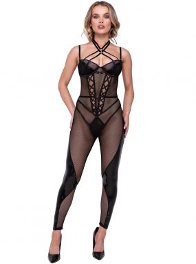 Black Fishnet & Faux Leather Underwired Catsuit